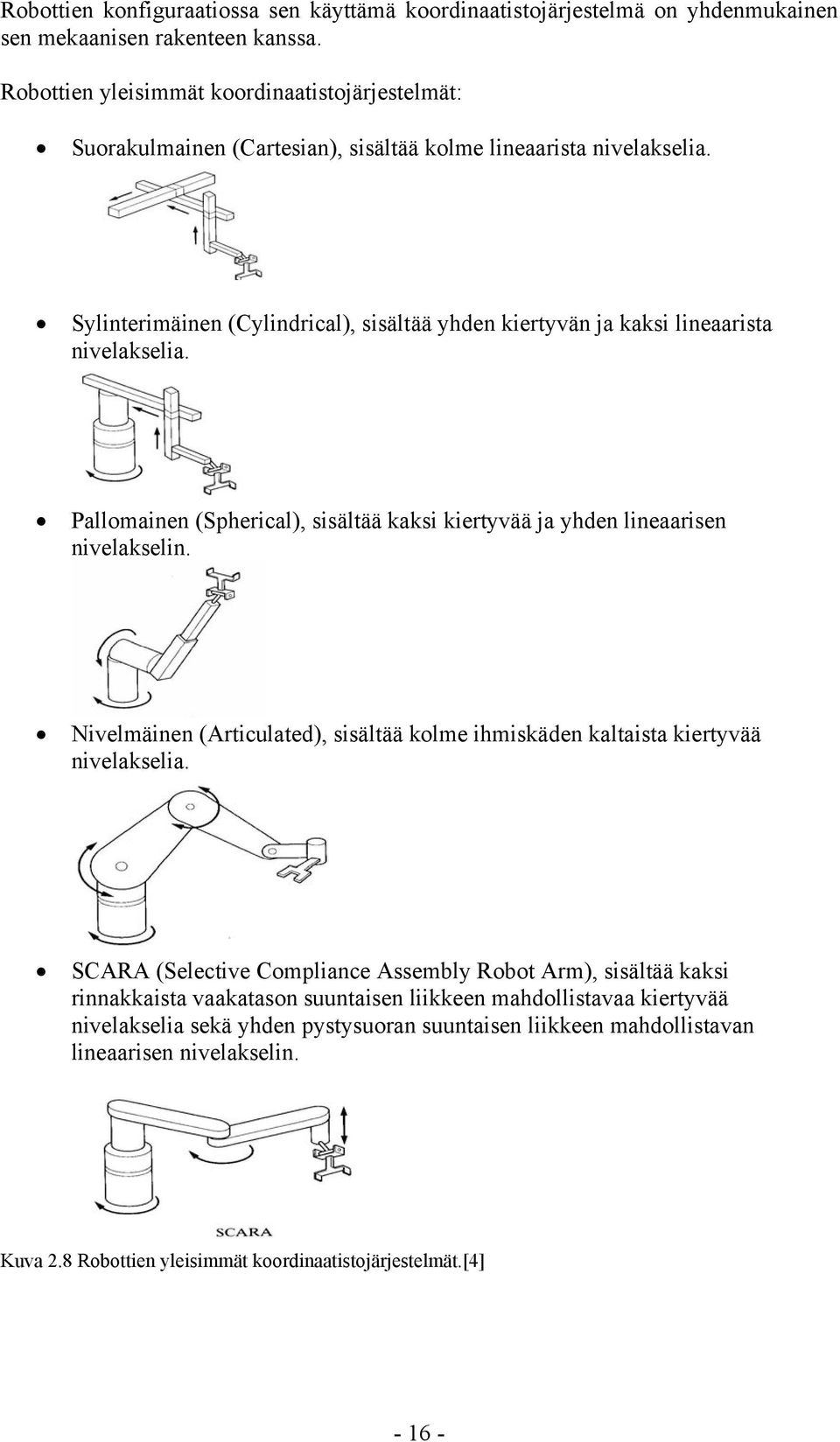 Sylinterimäinen (Cylindrical), sisältää yhden kiertyvän ja kaksi lineaarista nivelakselia. Pallomainen (Spherical), sisältää kaksi kiertyvää ja yhden lineaarisen nivelakselin.