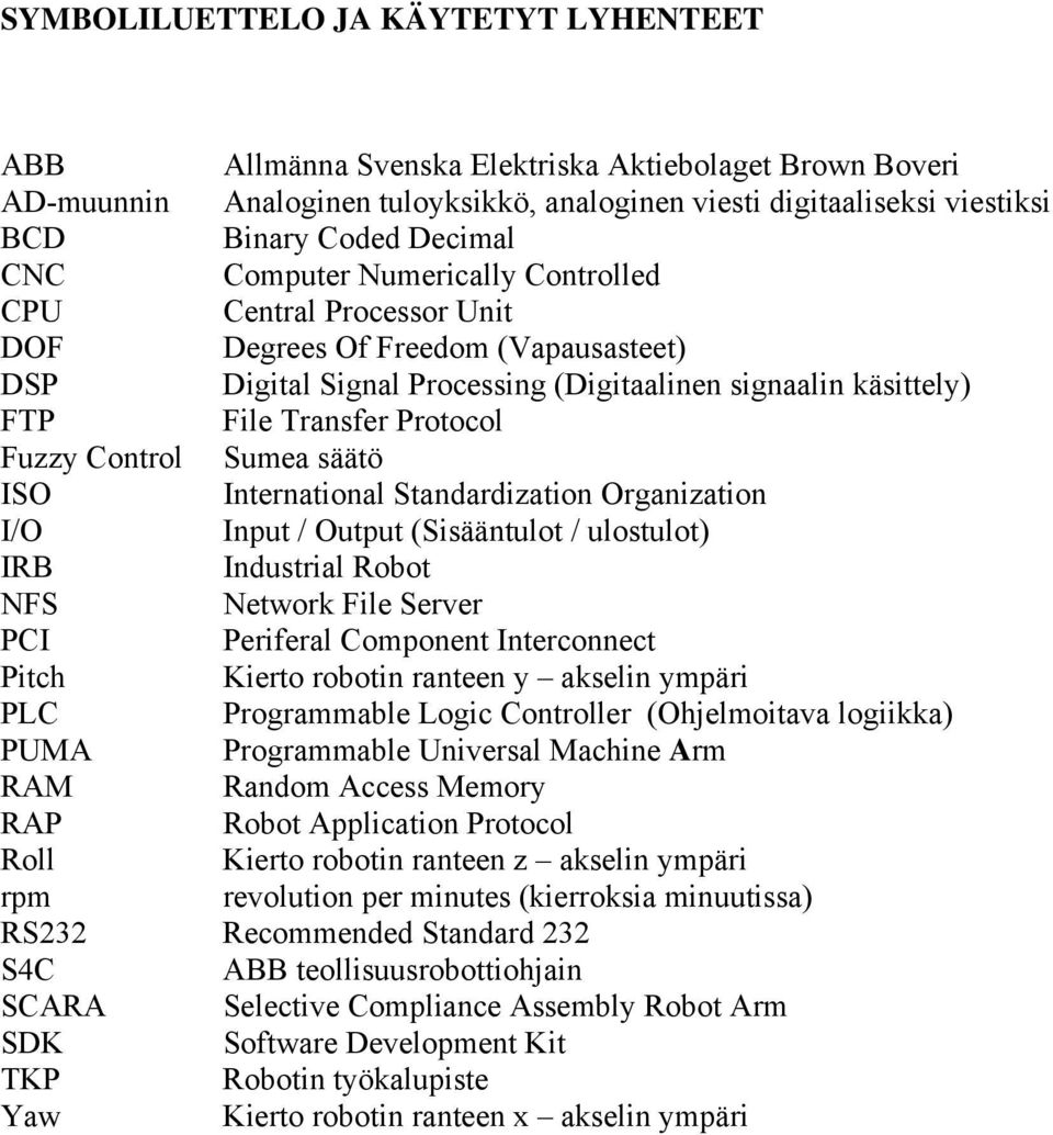 Control Sumea säätö ISO International Standardization Organization I/O Input / Output (Sisääntulot / ulostulot) IRB Industrial Robot NFS Network File Server PCI Periferal Component Interconnect Pitch