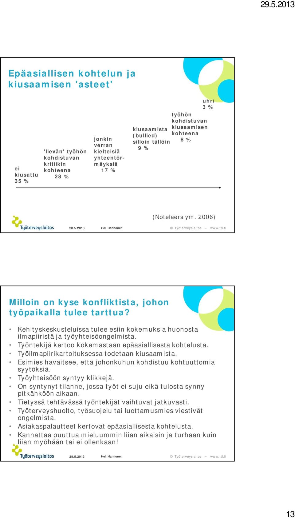 Kehityskeskusteluissa tulee esiin kokemuksia huonosta ilmapiiristä ja työyhteisöongelmista. Työntekijä kertoo kokemastaan epäasiallisesta kohtelusta. Työilmapiirikartoituksessa todetaan kiusaamista.