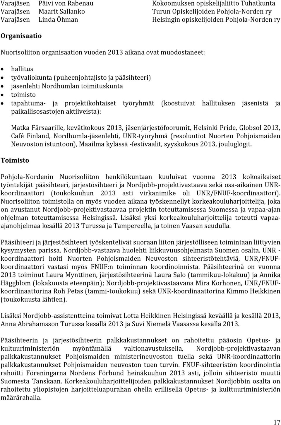 projektikohtaiset työryhmät (koostuivat hallituksen jäsenistä ja paikallisosastojen aktiiveista): Matka Färsaarille, kevätkokous 2013, jäsenjärjestöfoorumit, Helsinki Pride, Globsol 2013, Café