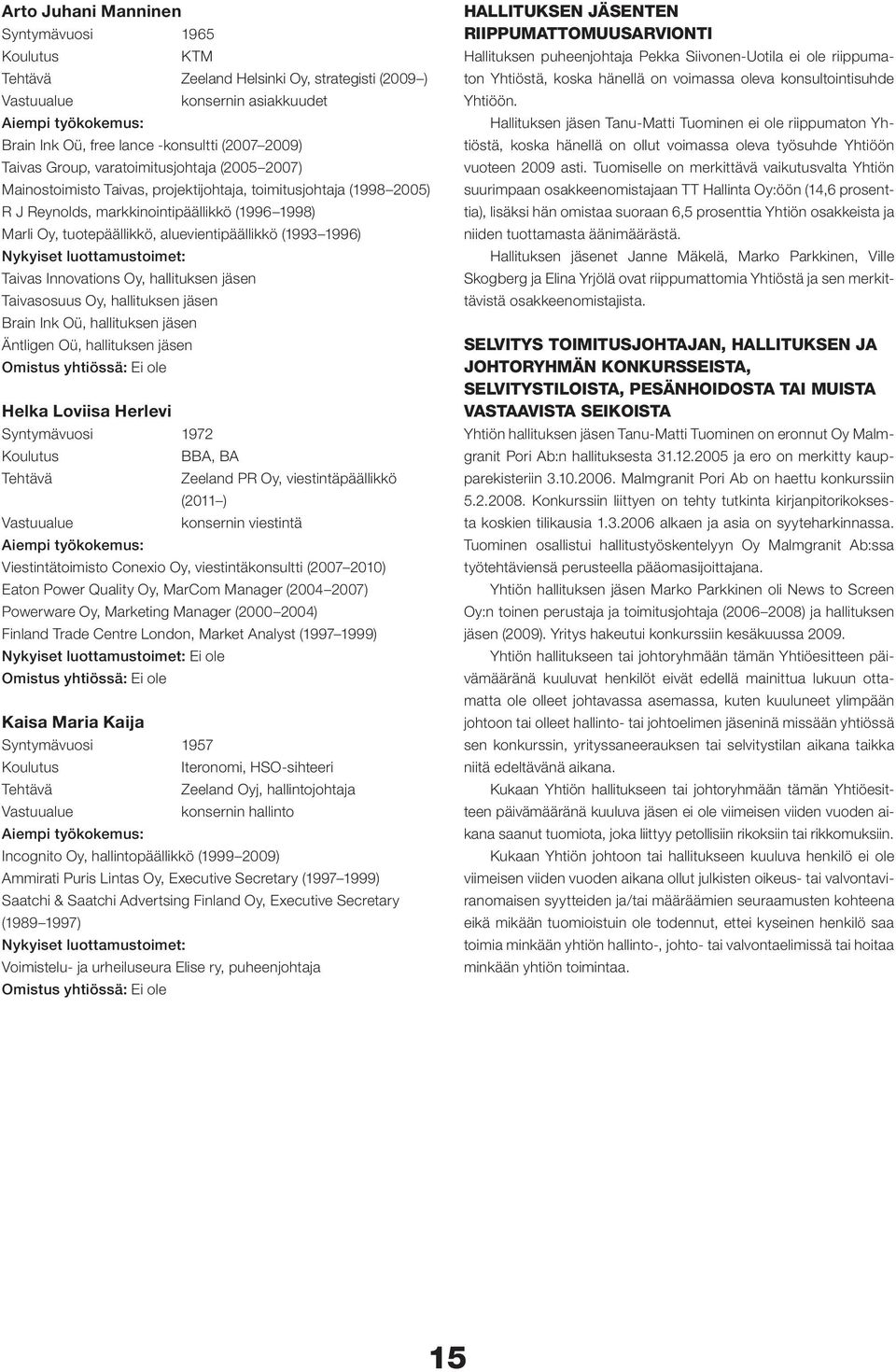 aluevientipäällikkö (1993 1996) Nykyiset luottamustoimet: Taivas Innovations Oy, hallituksen jäsen Taivasosuus Oy, hallituksen jäsen Brain Ink Oü, hallituksen jäsen Äntligen Oü, hallituksen jäsen