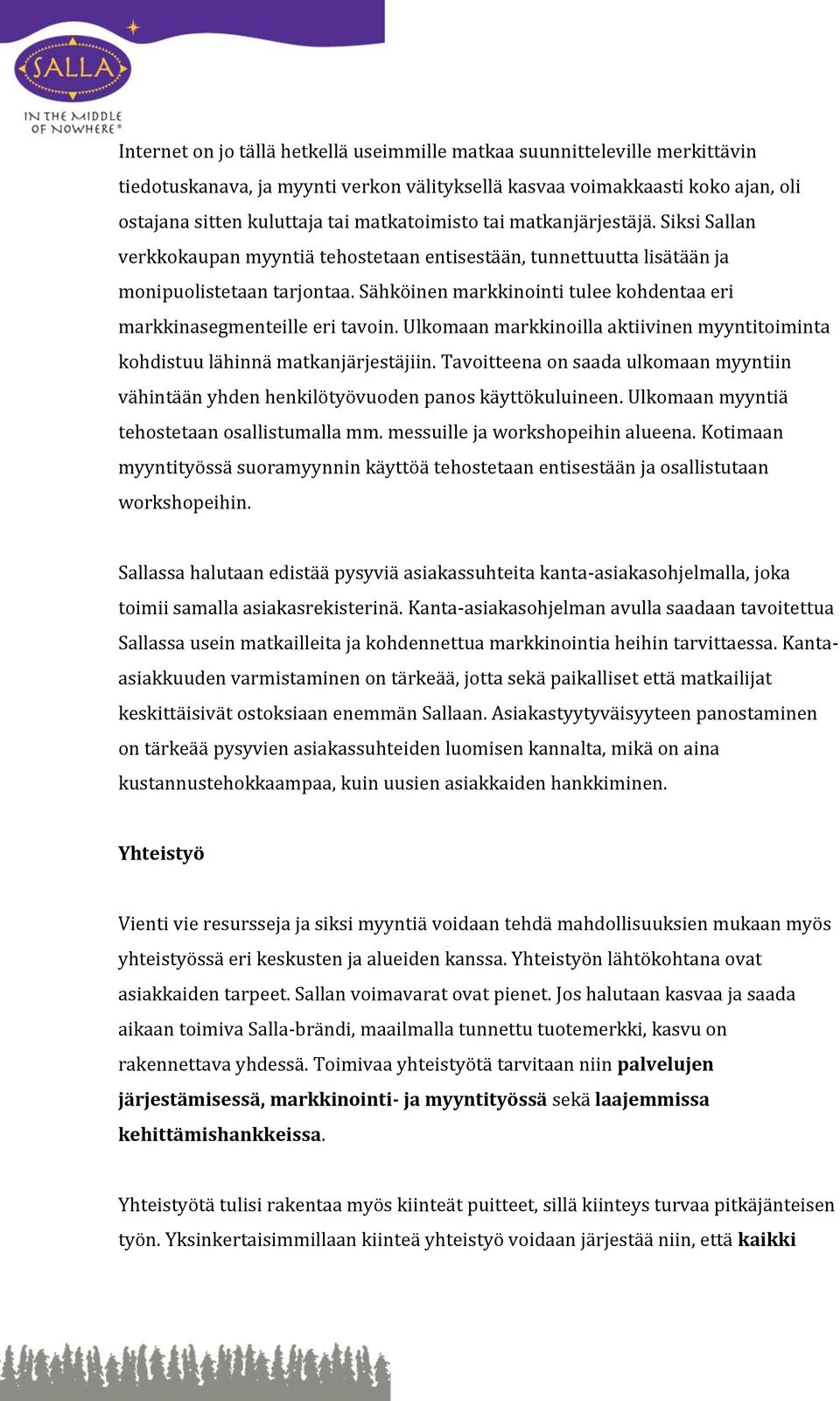 Sähköinen markkinointi tulee kohdentaa eri markkinasegmenteille eri tavoin. Ulkomaan markkinoilla aktiivinen myyntitoiminta kohdistuu lähinnä matkanjärjestäjiin.