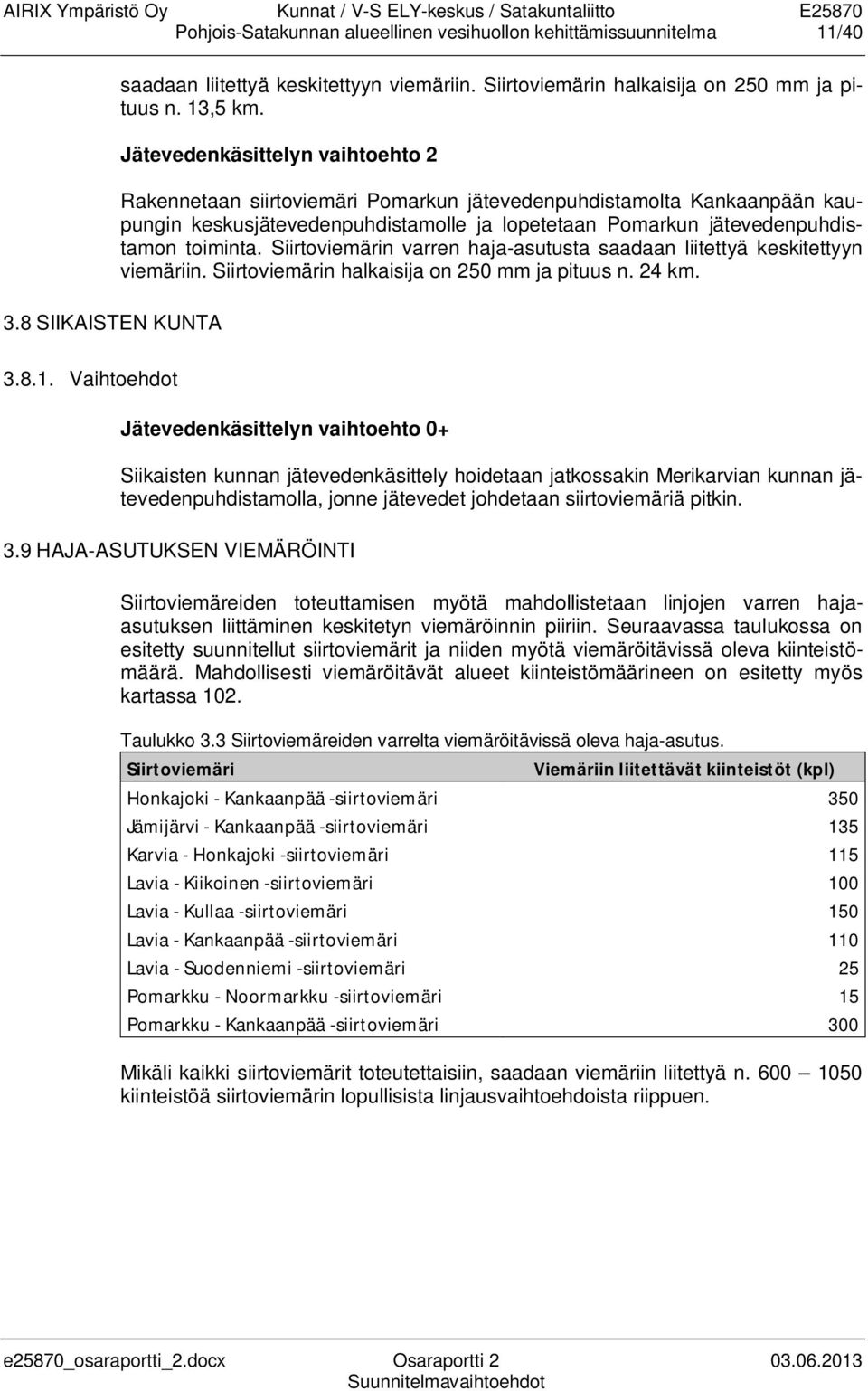 Siirtoviemärin varren haja-asutusta saadaan liitettyä keskitettyyn viemäriin. Siirtoviemärin halkaisija on 250 mm ja pituus n. 24 km. 3.8.1.