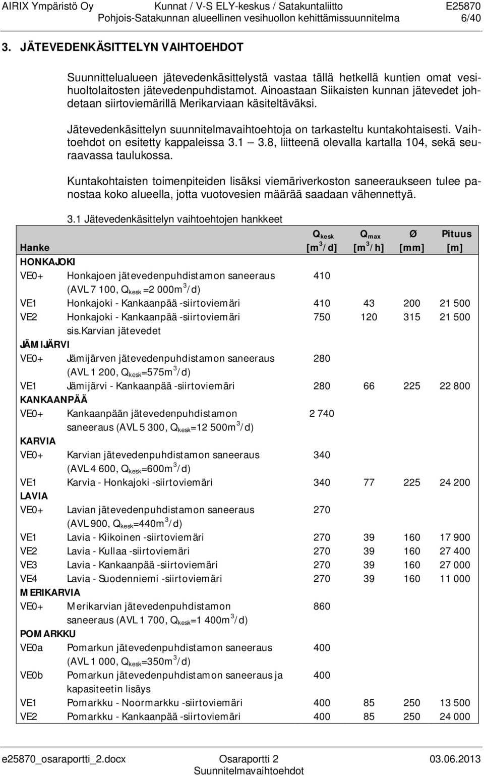 Ainoastaan Siikaisten kunnan jätevedet johdetaan siirtoviemärillä Merikarviaan käsiteltäväksi. Jätevedenkäsittelyn suunnitelmavaihtoehtoja on tarkasteltu kuntakohtaisesti.