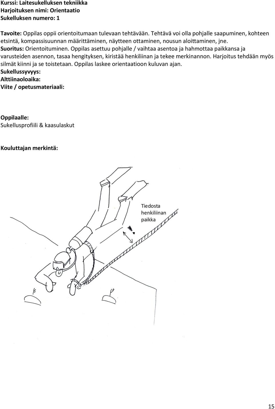 Oppilas asettuu pohjalle / vaihtaa asentoa ja hahmottaa paikkansa ja varusteiden asennon, tasaa hengityksen, kiristää henkiliinan ja tekee merkinannon.