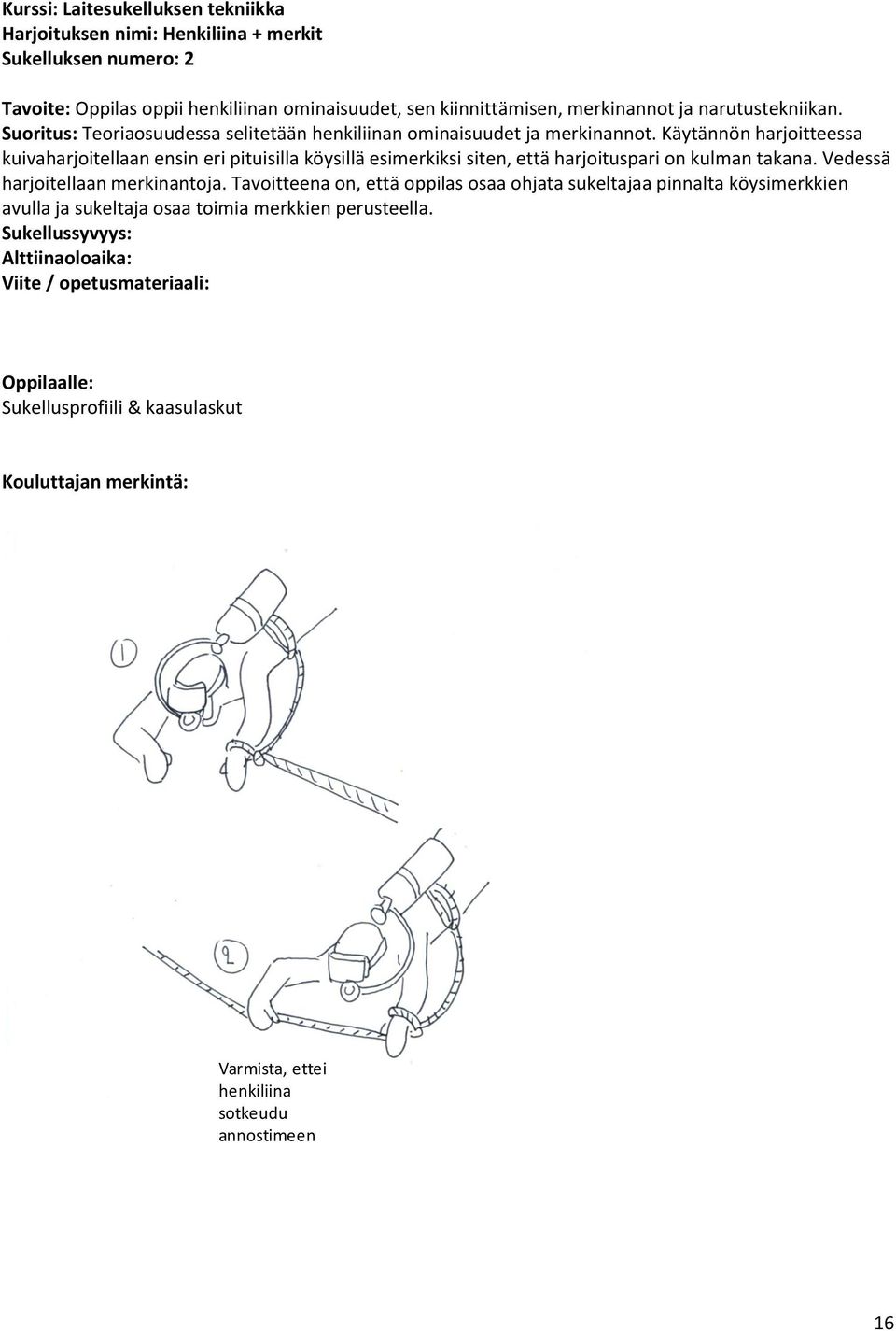 Käytännön harjoitteessa kuivaharjoitellaan ensin eri pituisilla köysillä esimerkiksi siten, että harjoituspari on kulman takana. Vedessä harjoitellaan merkinantoja.