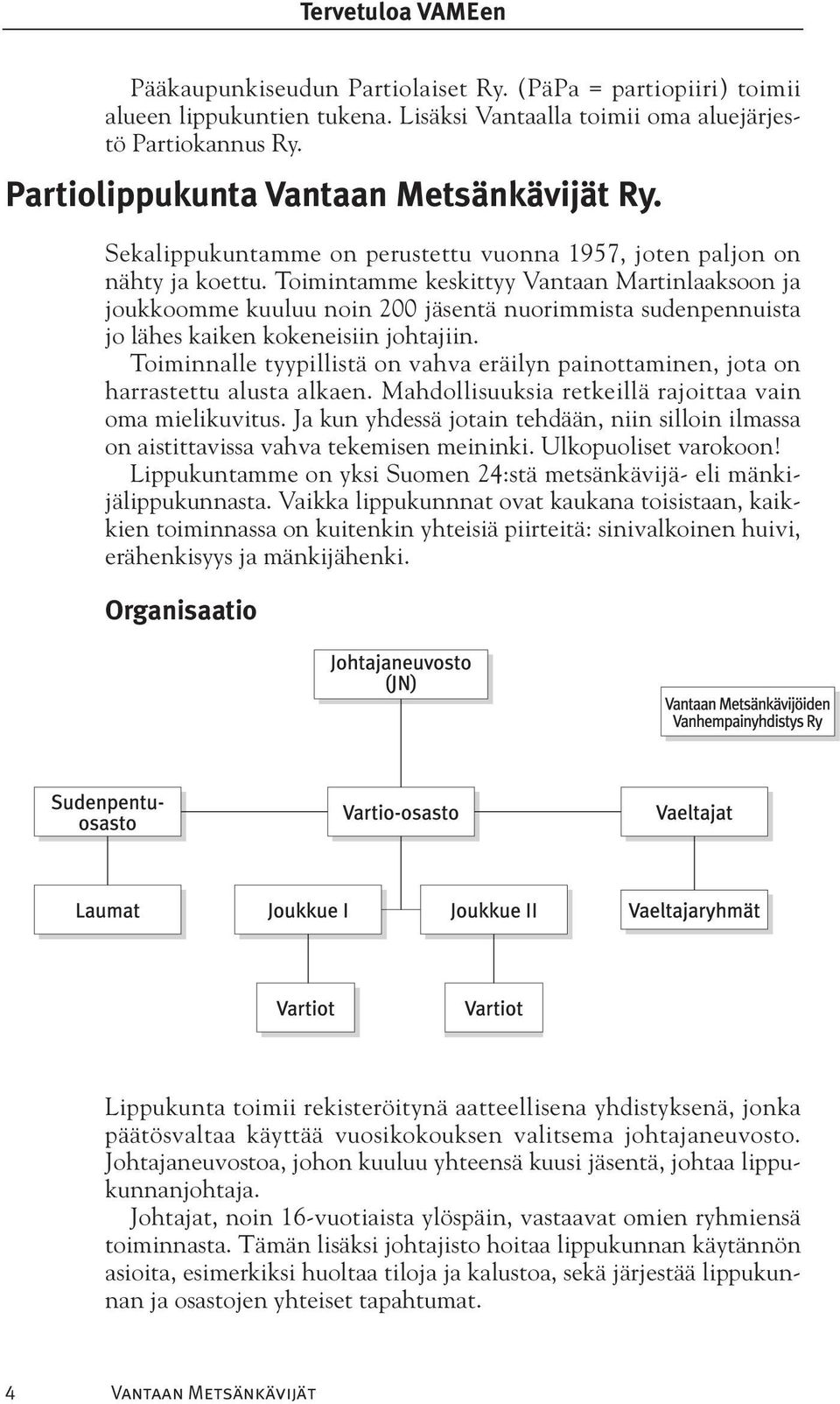 Toimintamme keskittyy Vantaan Martinlaaksoon ja joukkoomme kuuluu noin 200 jäsentä nuorimmista sudenpennuista jo lähes kaiken kokeneisiin johtajiin.