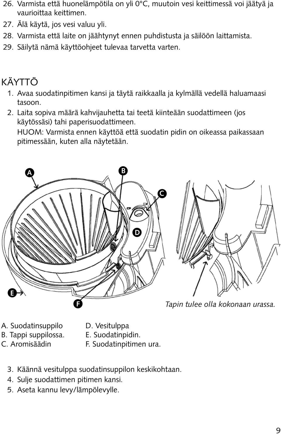 Avaa suodatinpitimen kansi ja täytä raikkaalla ja kylmällä vedellä haluamaasi tasoon. 2. Laita sopiva määrä kahvijauhetta tai teetä kiinteään suodattimeen (jos käytössäsi) tahi paperisuodattimeen.