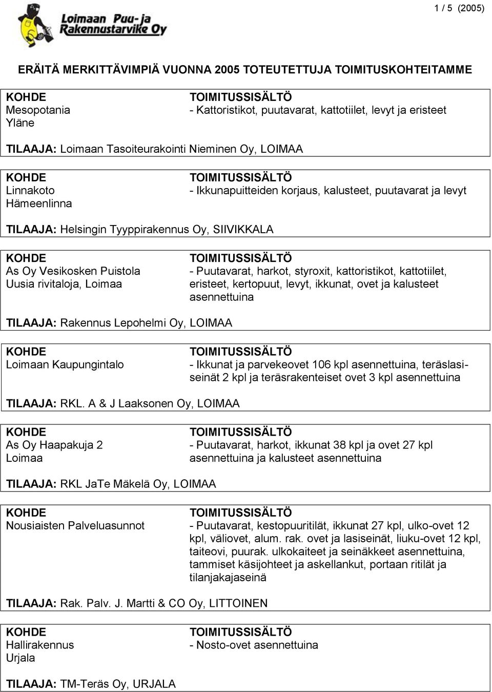 kattotiilet, eristeet, kertopuut, levyt, ikkunat, ovet ja kalusteet asennettuina TILAAJA: Rakennus Lepohelmi Oy, LOIMAA Loimaan Kaupungintalo - Ikkunat ja parvekeovet 106 kpl asennettuina,