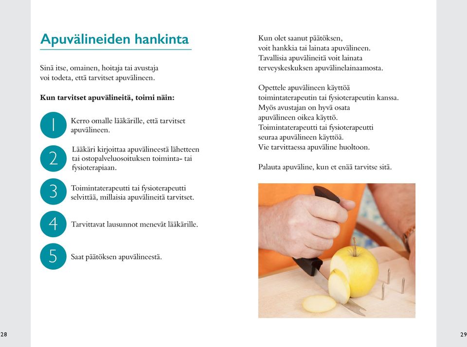 Lääkäri kirjoittaa apuvälineestä lähetteen tai ostopalveluosoituksen toiminta- tai fysioterapiaan. Toimintaterapeutti tai fysioterapeutti selvittää, millaisia apuvälineitä tarvitset.