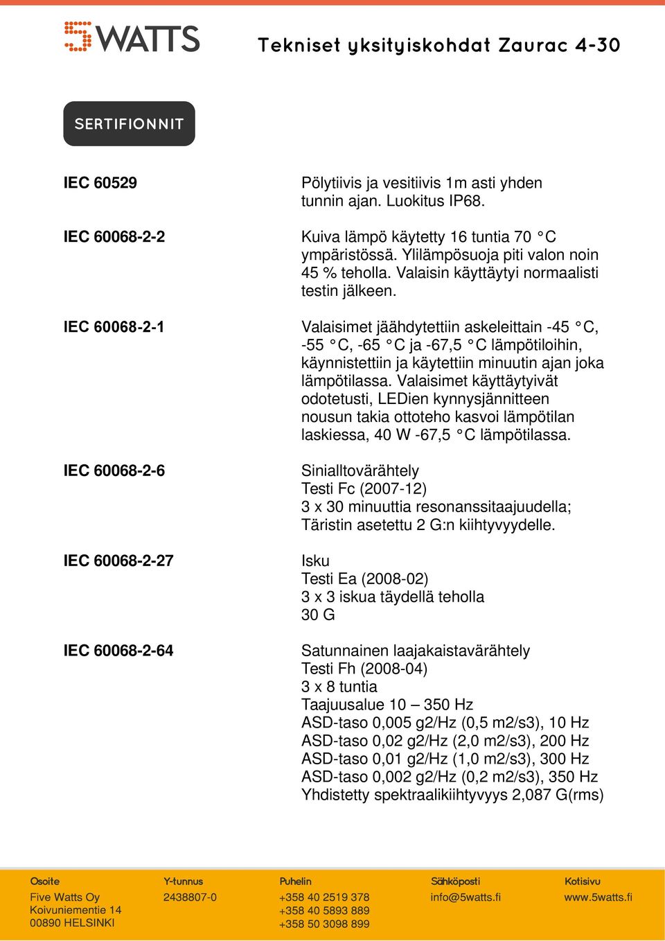 IEC 60068-2-1 IEC 60068-2-6 IEC 60068-2-27 IEC 60068-2-64 Valaisimet jäähdytettiin askeleittain -45 C, -55 C, -65 C ja -67,5 C lämpötiloihin, käynnistettiin ja käytettiin minuutin ajan joka