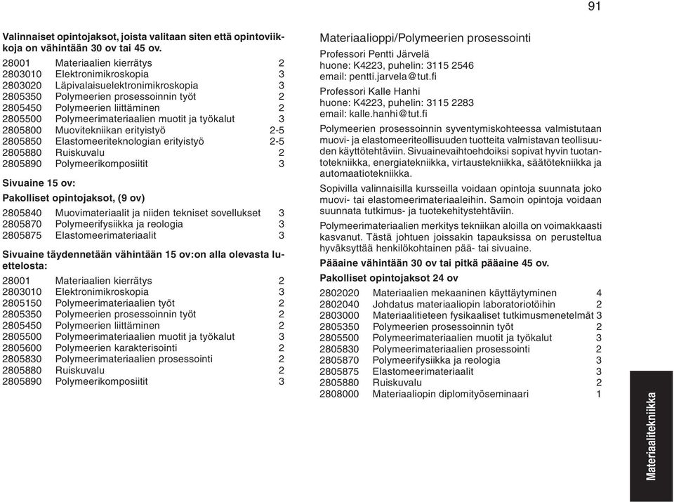 2805800 Muovitekniikan erityistyö 2-5 2805850 Elastomeeriteknologian erityistyö 2-5 2805880 Ruiskuvalu 2 Sivuaine 15 ov: Pakolliset opintojaksot, (9 ov) 2805840 Muovimateriaalit ja niiden tekniset