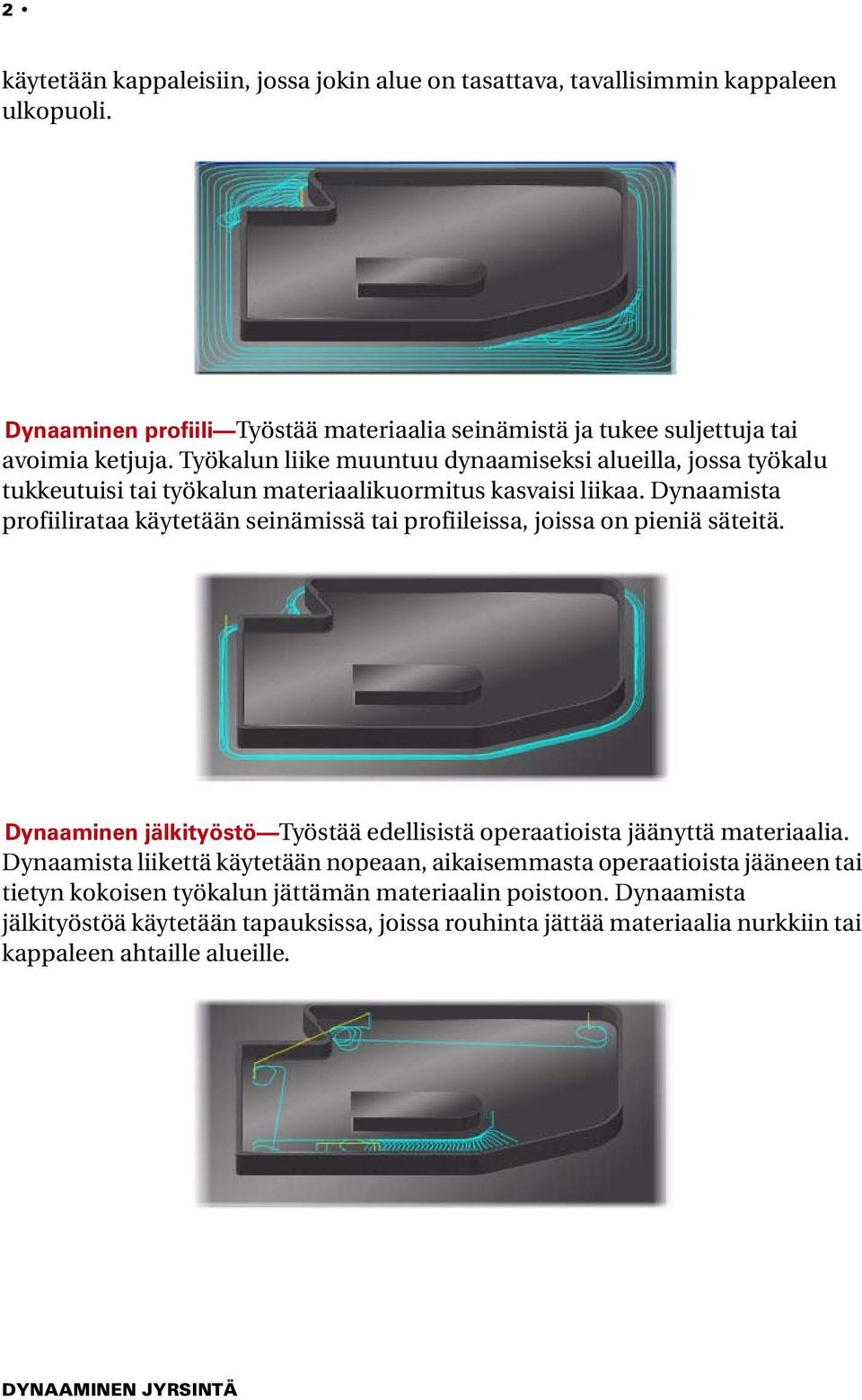 Dynaamista profiilirataa käytetään seinämissä tai profiileissa, joissa on pieniä säteitä. Dynaaminen jälkityöstö Työstää edellisistä operaatioista jäänyttä materiaalia.