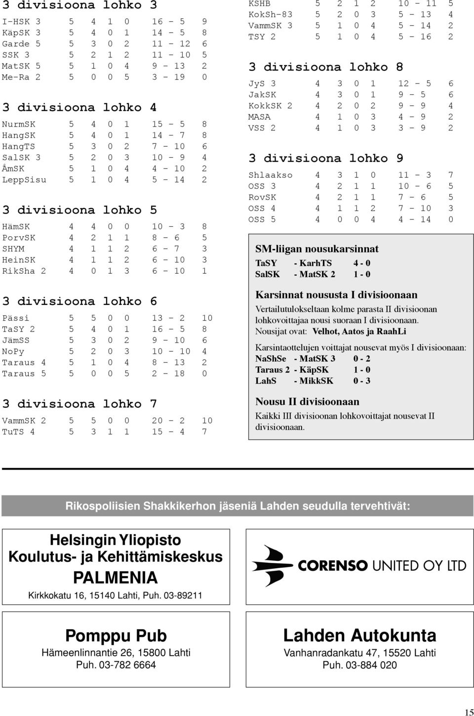 HeinSK 4 1 1 2 6-10 3 RikSha 2 4 0 1 3 6-10 1 3 divisioona lohko 6 Pässi 5 5 0 0 13-2 10 TaSY 2 5 4 0 1 16-5 8 JämSS 5 3 0 2 9-10 6 NoPy 5 2 0 3 10-10 4 Taraus 4 5 1 0 4 8-13 2 Taraus 5 5 0 0 5 2-18