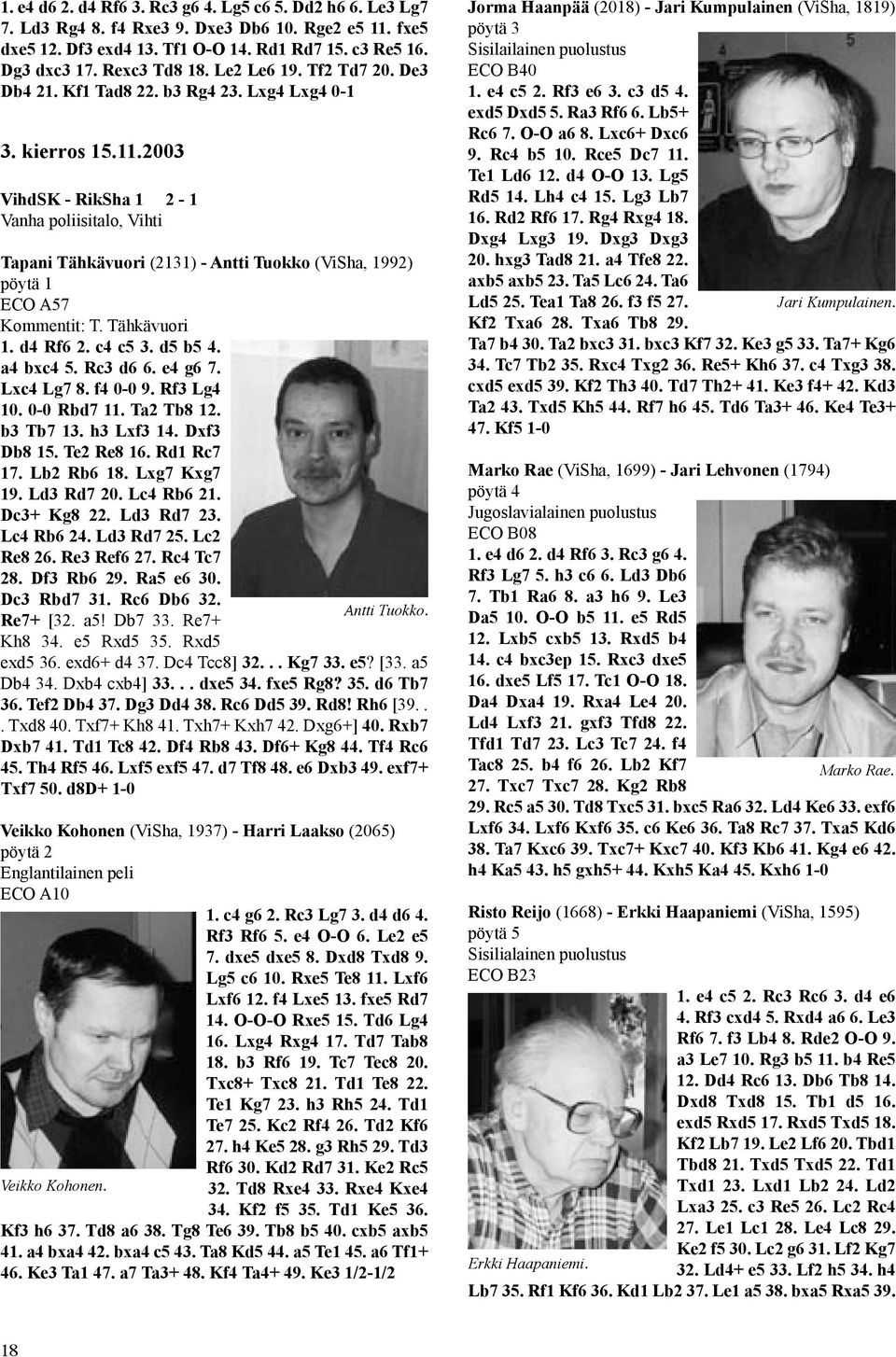 2003 VihdSK - RikSha 1 2-1 Vanha poliisitalo, Vihti Tapani Tähkävuori (2131) - Antti Tuokko (ViSha, 1992) pöytä 1 ECO A57 Kommentit: T. Tähkävuori 1. d4 Rf6 2. c4 c5 3. d5 b5 4. a4 bxc4 5. Rc3 d6 6.