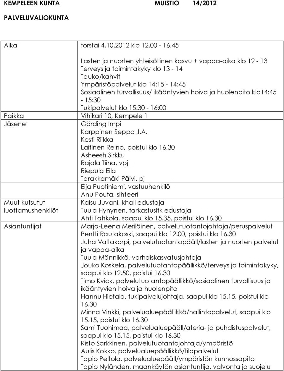 huolenpito klo14:45-15:30 Tukipalvelut klo 15:30-16:00 Paikka Vihikari 10, Kempele 1 Jäsenet Gärding Impi Karppinen Seppo J.A. Kesti Riikka Laitinen Reino, poistui klo 16.