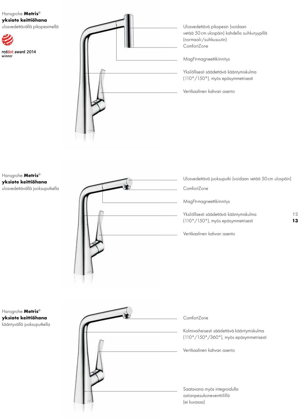 Ulosvedettävä juoksuputki (voidaan vetää 50 cm ulospäin) ComfortZone MagFit-magneettikiinnitys Yksilöllisesti säädettävä kääntymiskulma (110 /150 ), myös epäsymmetrisesti 12 13 Vertikaalinen kahvan