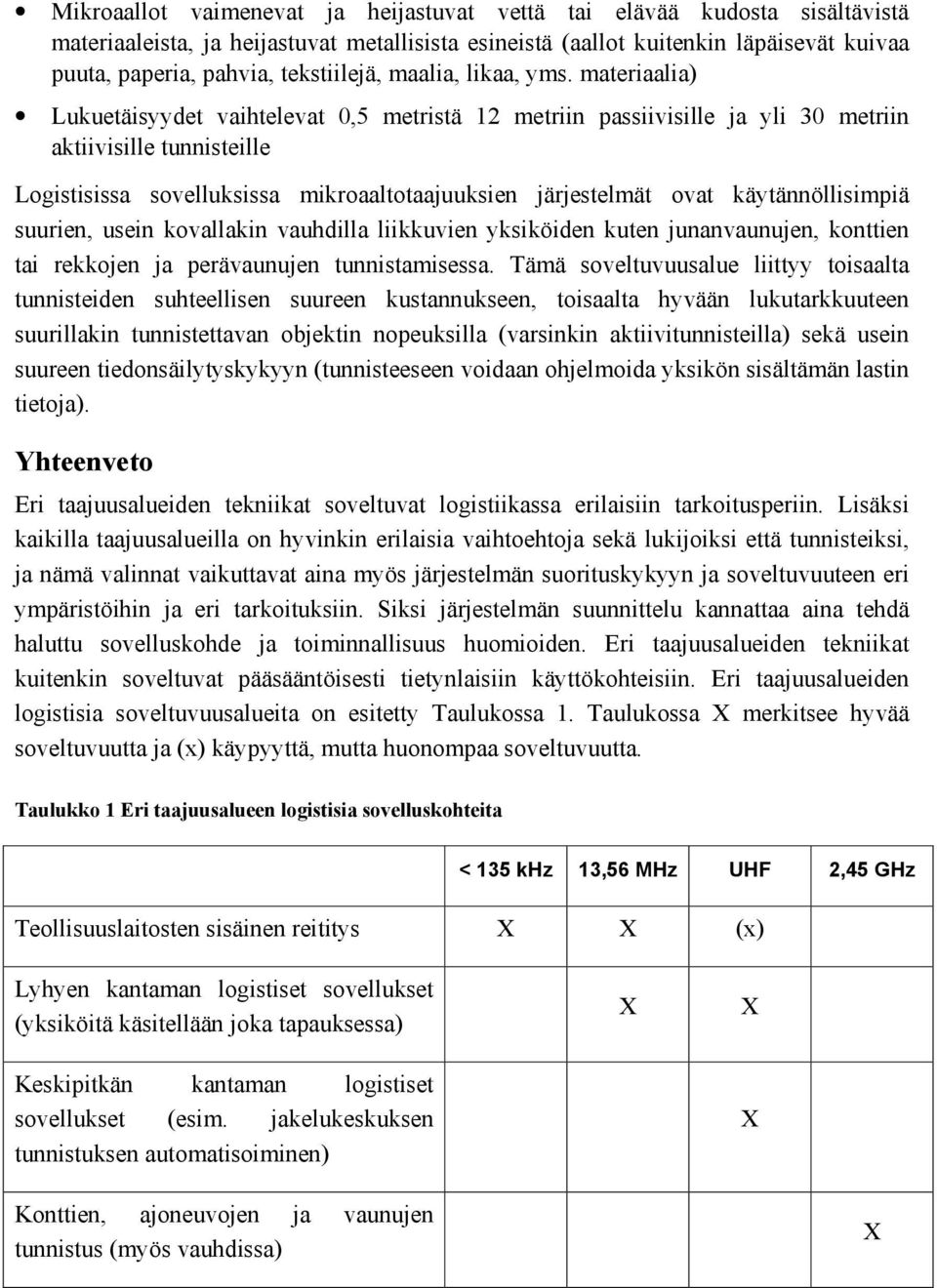 materiaalia) Lukuetäisyydet vaihtelevat 0,5 metristä 12 metriin passiivisille ja yli 30 metriin aktiivisille tunnisteille Logistisissa sovelluksissa mikroaaltotaajuuksien järjestelmät ovat