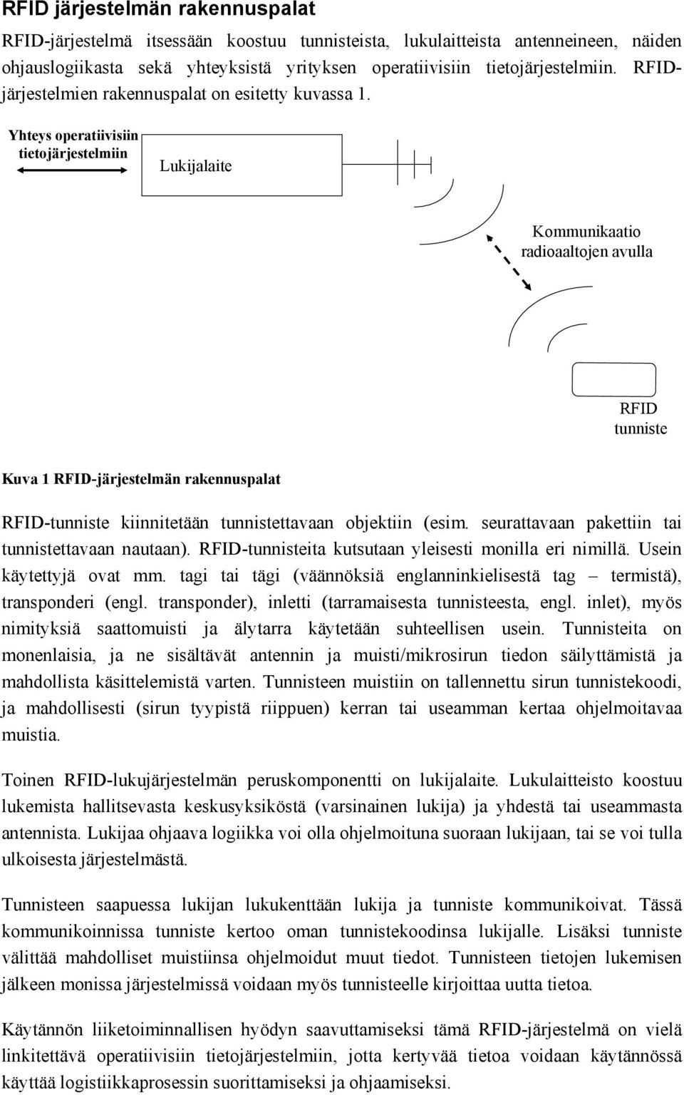 Yhteys operatiivisiin tietojärjestelmiin Lukijalaite Kommunikaatio radioaaltojen avulla RFID tunniste Kuva 1 RFID-järjestelmän rakennuspalat RFID-tunniste kiinnitetään tunnistettavaan objektiin (esim.