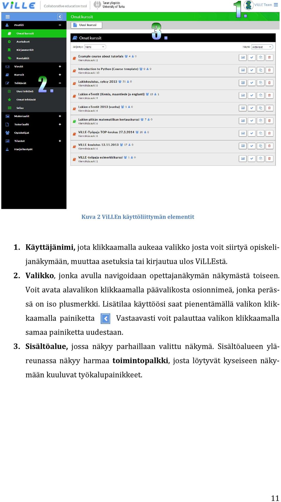 Valikko, jonka avulla navigoidaan opettajanäkymän näkymästä toiseen. Voit avata alavalikon klikkaamalla päävalikosta osionnimeä, jonka perässä on iso plusmerkki.