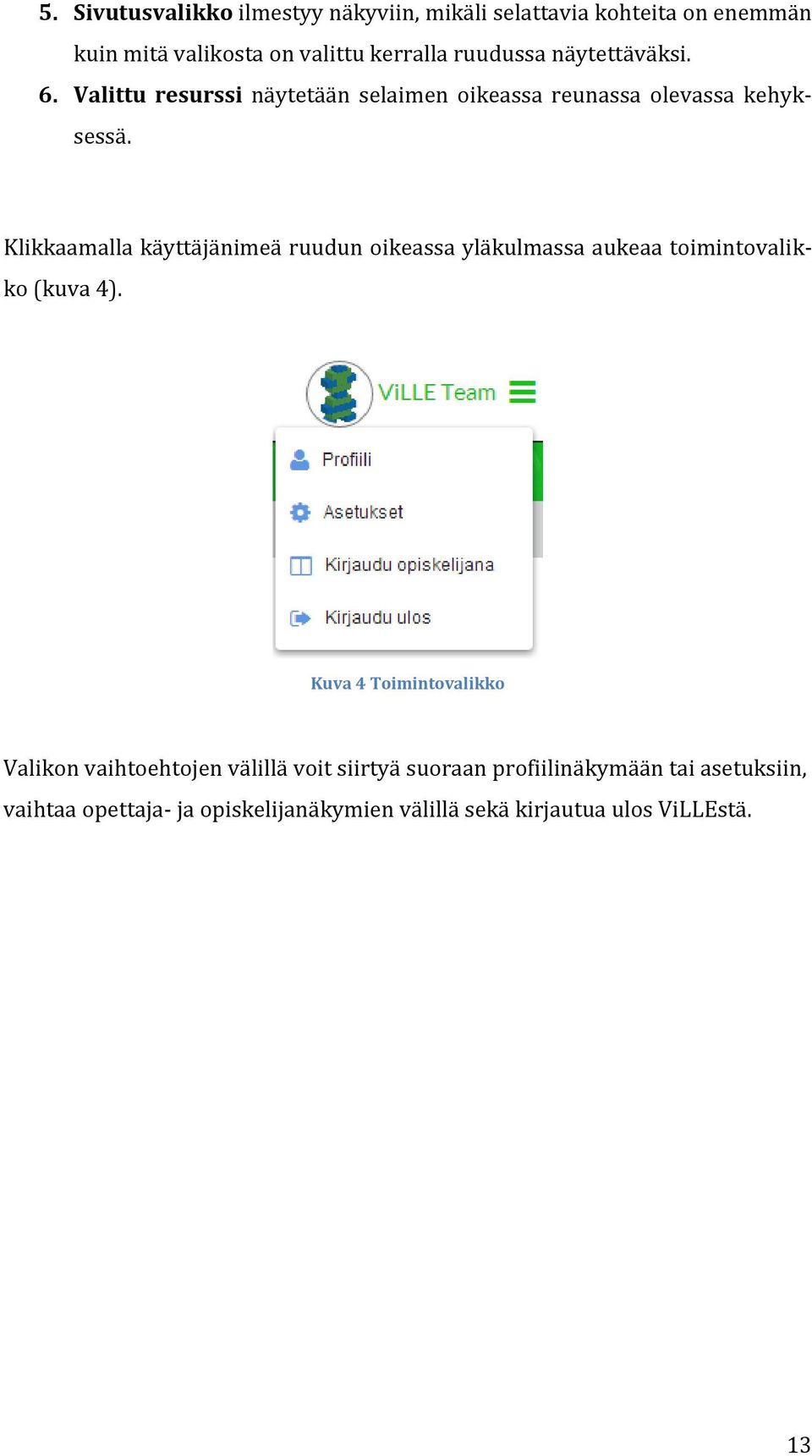 Klikkaamalla käyttäjänimeä ruudun oikeassa yläkulmassa aukeaa toimintovalikko (kuva 4).