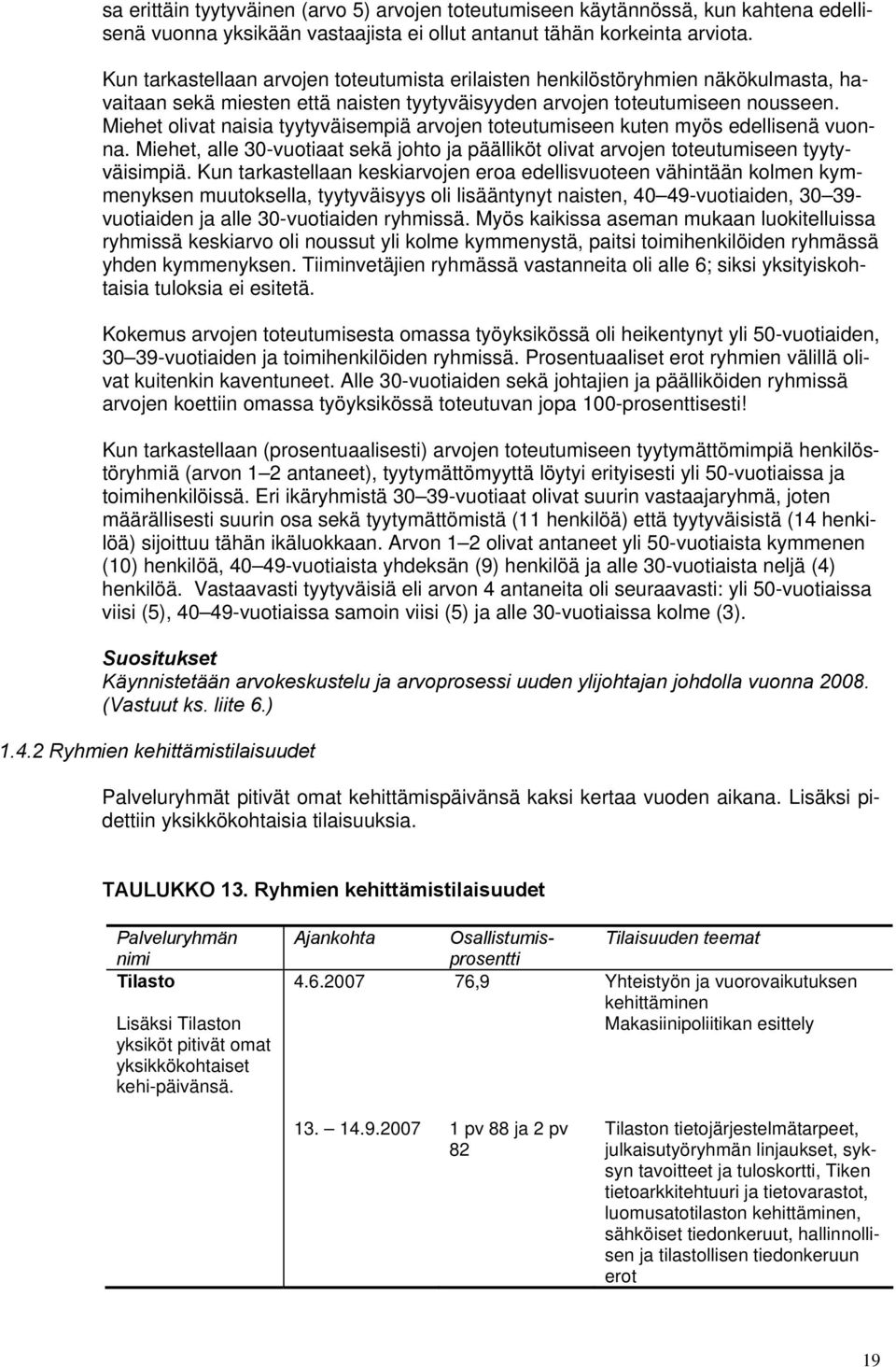 Miehet olivat naisia tyytyväisempiä arvojen toteutumiseen kuten myös edellisenä vuonna. Miehet, alle 30-vuotiaat sekä johto ja päälliköt olivat arvojen toteutumiseen tyytyväisimpiä.