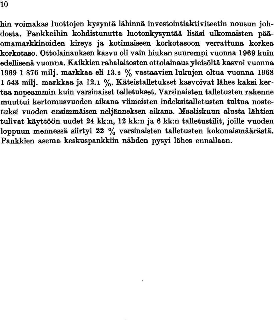 Ottolainauksen kasvu oli vain hiukan suurempi vuonna 1969 kuin edellisenä vuonna. Kaikkien rahalaitosten ottolainaus yleisöltä kasvoi vuonna 1969 1 876 milj. markkaa eli 13.