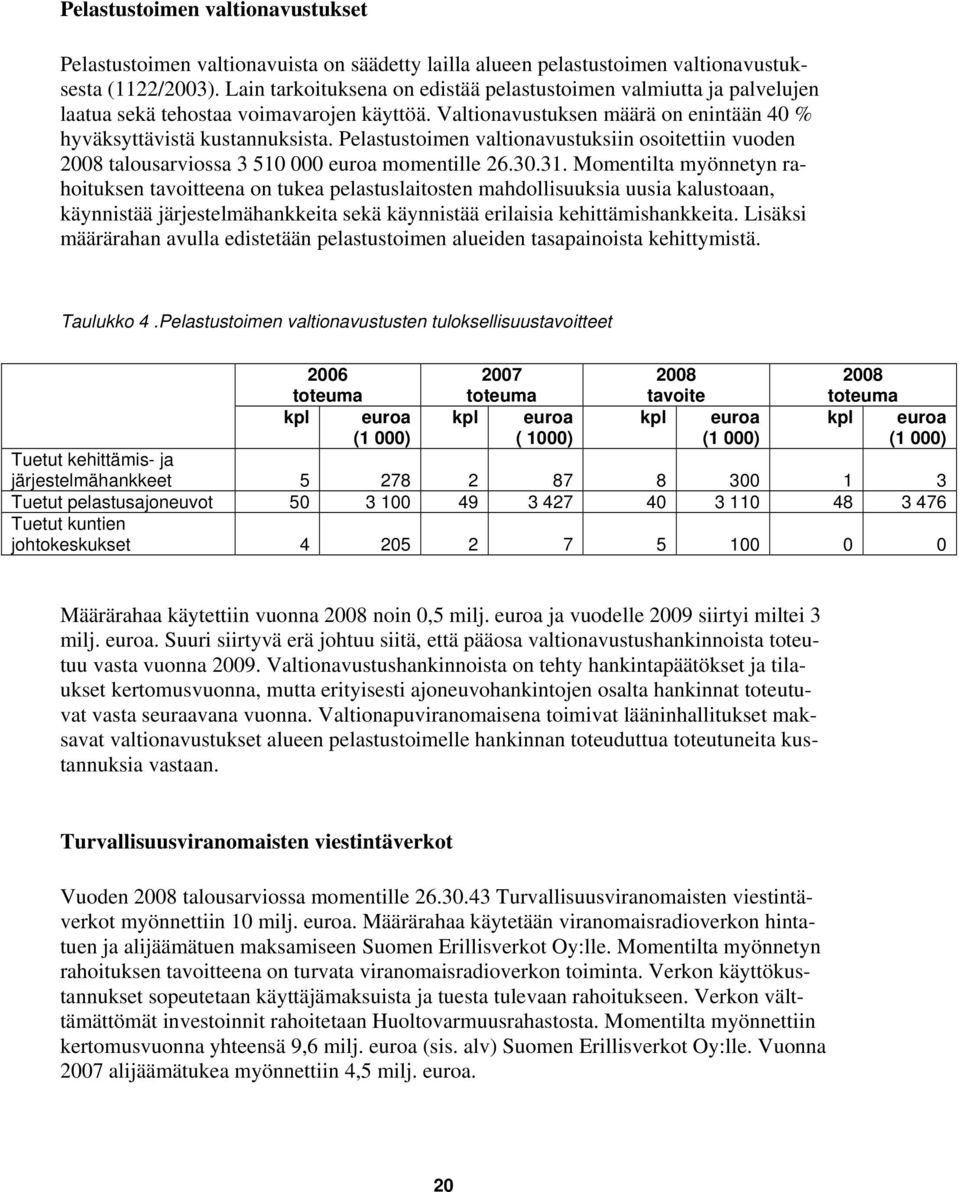 Pelastustoimen valtionavustuksiin osoitettiin vuoden 2008 talousarviossa 3 510 000 euroa momentille 26.30.31.