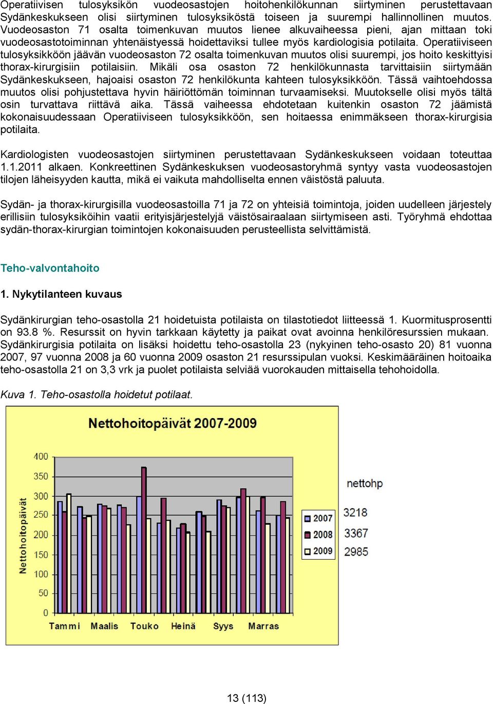 Operatiiviseen tulosyksikköön jäävän vuodeosaston 72 osalta toimenkuvan muutos olisi suurempi, jos hoito keskittyisi thorax-kirurgisiin potilaisiin.