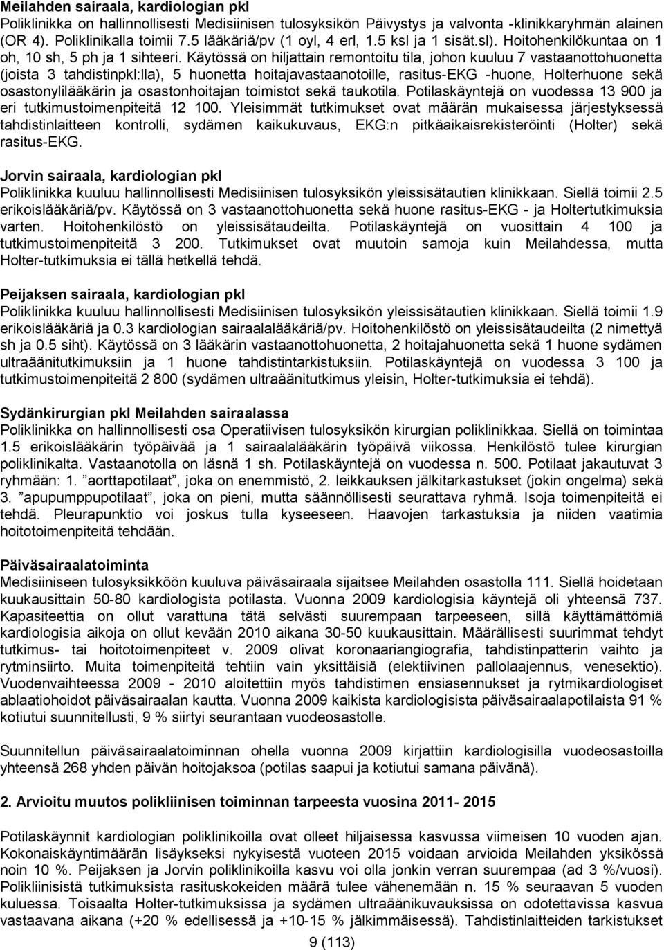 Käytössä on hiljattain remontoitu tila, johon kuuluu 7 vastaanottohuonetta (joista 3 tahdistinpkl:lla), 5 huonetta hoitajavastaanotoille, rasitus-ekg -huone, Holterhuone sekä osastonylilääkärin ja