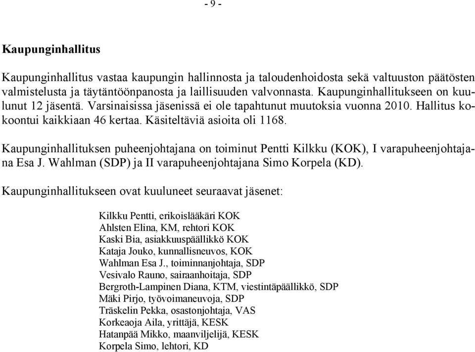 Kaupunginhallituksen puheenjohtajana on toiminut Pentti Kilkku (KOK), I varapuheenjohtajana Esa J. Wahlman (SDP) ja II varapuheenjohtajana Simo Korpela (KD).