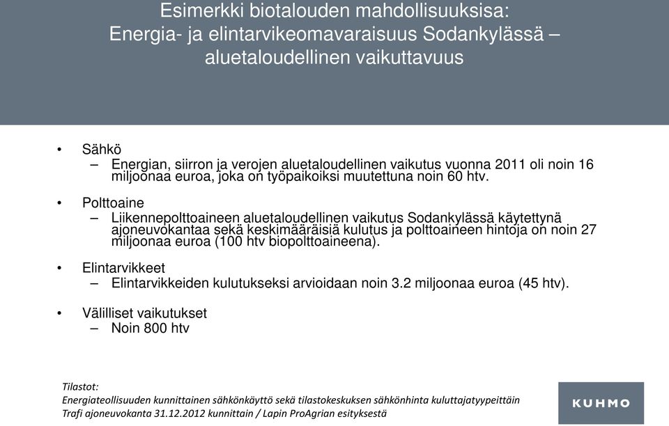 Polttoaine Liikennepolttoaineen aluetaloudellinen vaikutus Sodankylässä käytettynä ajoneuvokantaa sekä keskimääräisiä kulutus ja polttoaineen hintoja on noin 27 miljoonaa euroa (100 htv