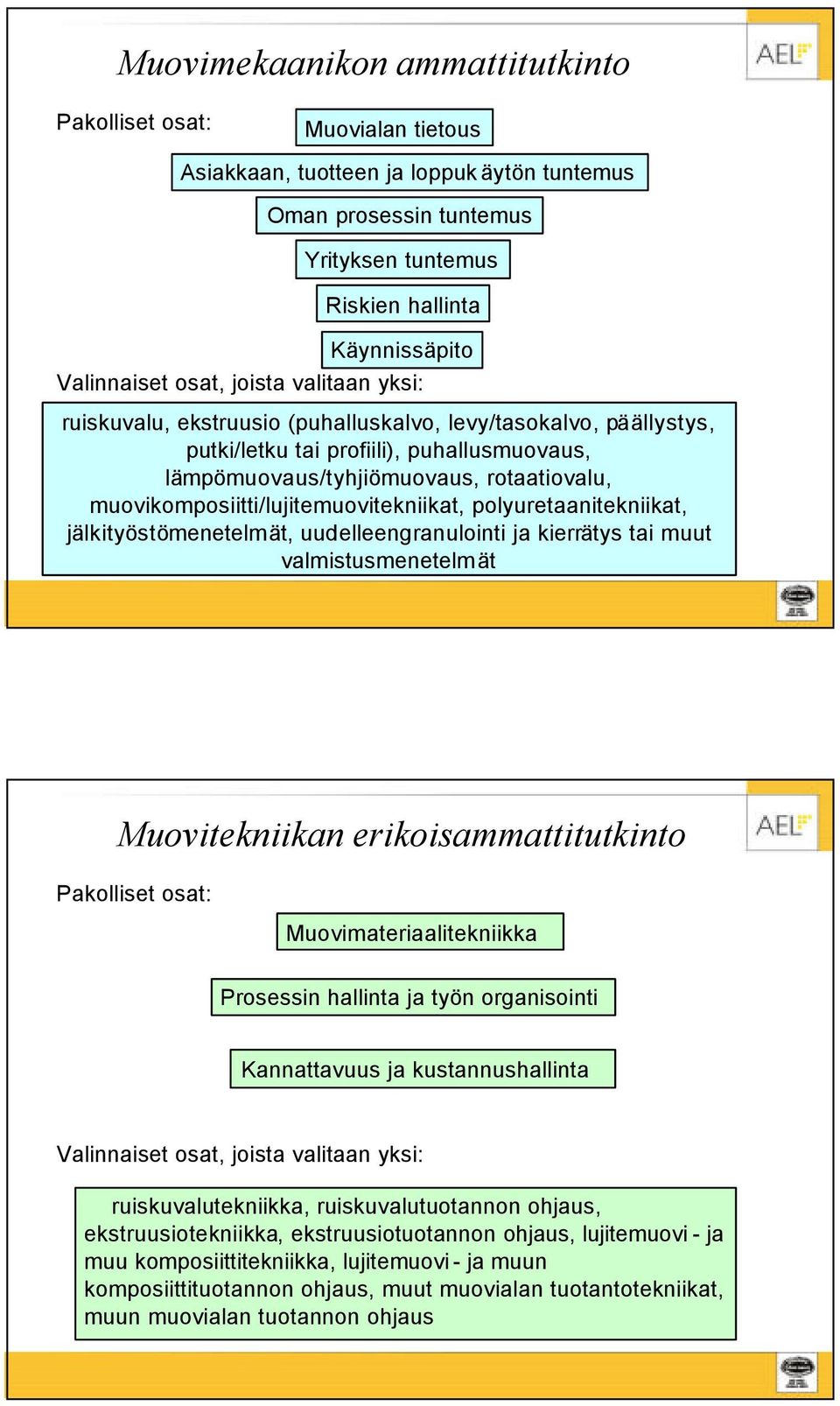 muovikomposiitti/lujitemuovitekniikat, polyuretaanitekniikat, jälkityöstömenetelmät, uudelleengranulointi ja kierrätys tai muut valmistusmenetelmät Muovitekniikan erikoisammattitutkinto Pakolliset