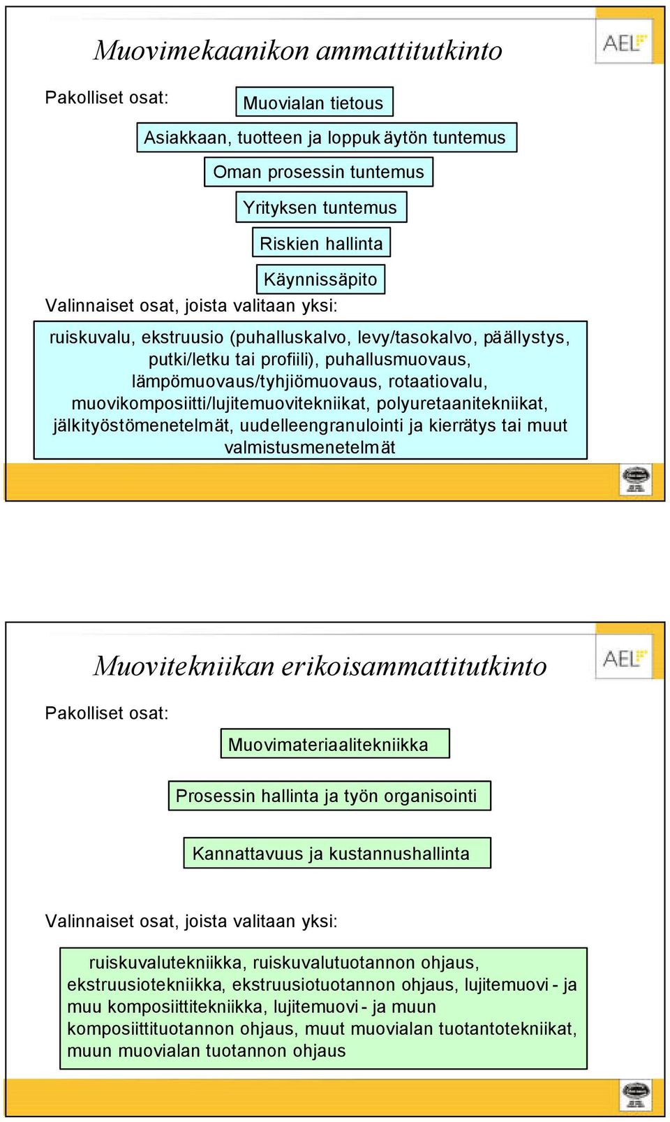 muovikomposiitti/lujitemuovitekniikat, polyuretaanitekniikat, jälkityöstömenetelmät, uudelleengranulointi ja kierrätys tai muut valmistusmenetelmät Muovitekniikan erikoisammattitutkinto Pakolliset