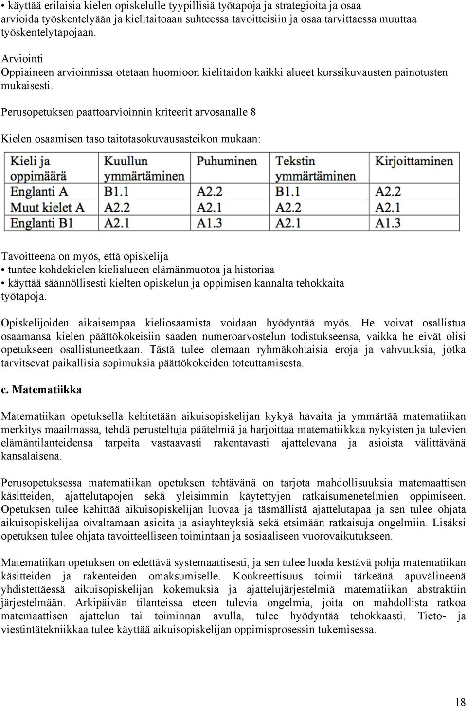 Perusopetuksen päättöarvioinnin kriteerit arvosanalle 8 Kielen osaamisen taso taitotasokuvausasteikon mukaan: Tavoitteena on myös, että opiskelija tuntee kohdekielen kielialueen elämänmuotoa ja