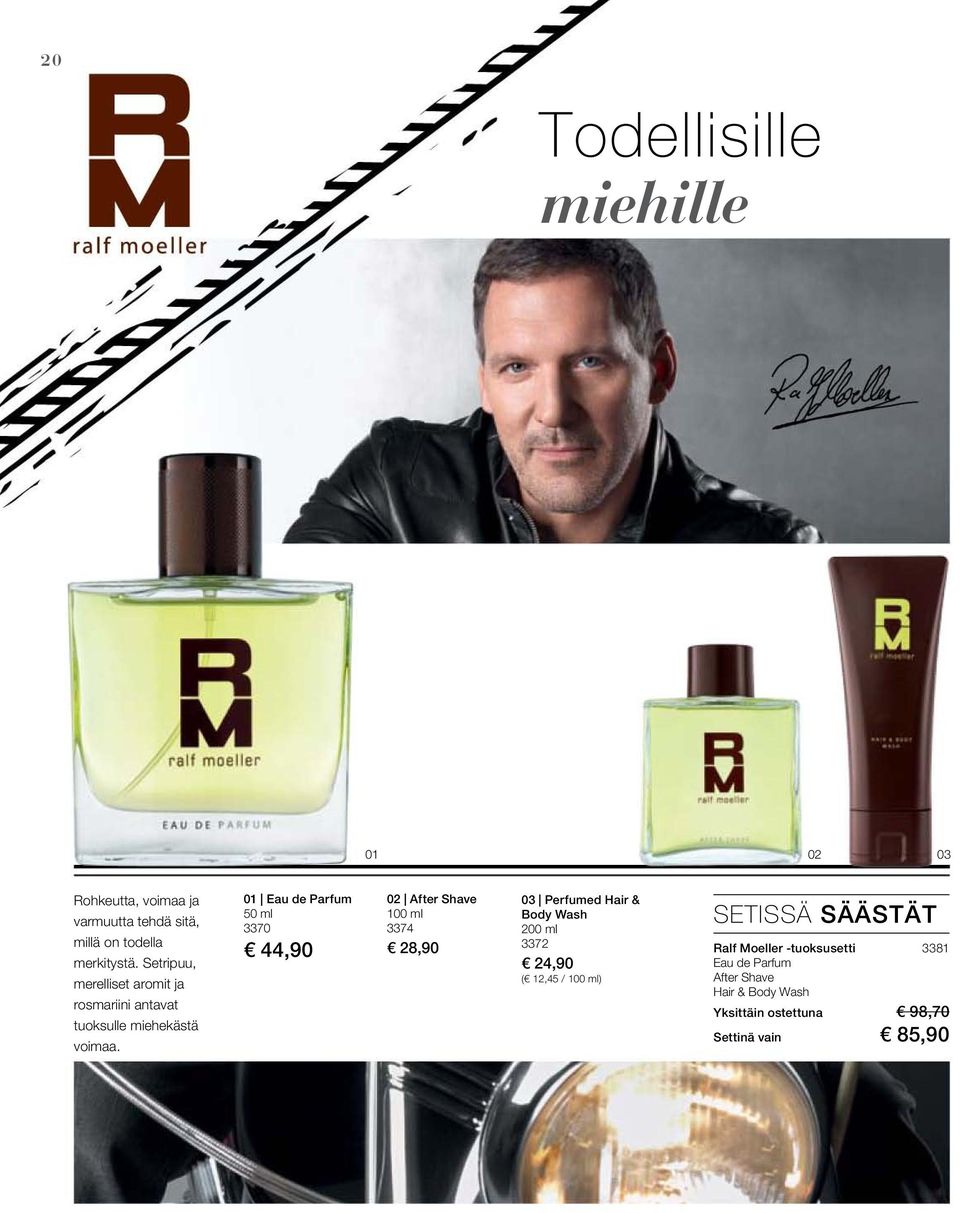 01 Eau de Parfum 02 After Shave 03 Perfumed Hair & 50 ml 100 ml Body Wash SETISSÄ SÄÄSTÄT 3370 3374 3372 44,90