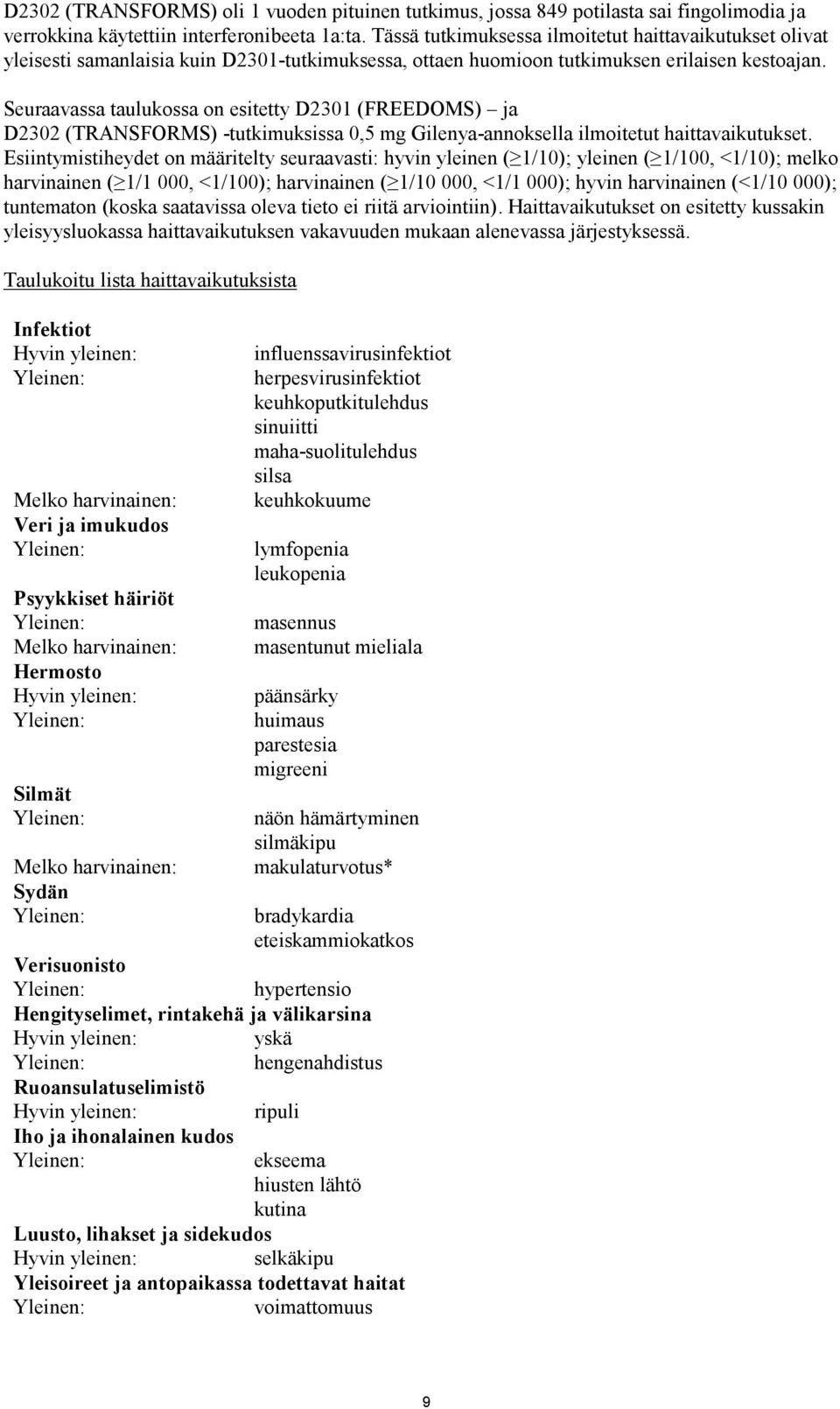 Seuraavassa taulukossa on esitetty D2301 (FREEDOMS) ja D2302 (TRANSFORMS) -tutkimuksissa 0,5 mg Gilenya-annoksella ilmoitetut haittavaikutukset.