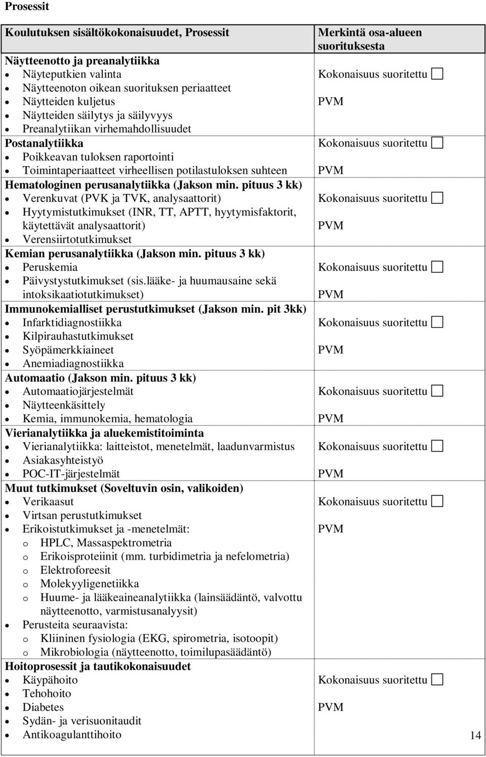 pituus 3 kk) Verenkuvat (PVK ja TVK, analysaattorit) Hyytymistutkimukset (INR, TT, APTT, hyytymisfaktorit, käytettävät analysaattorit) Verensiirtotutkimukset Kemian perusanalytiikka (Jakson min.