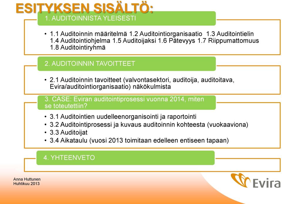 1 Auditoinnin tavoitteet (valvontasektori, auditoija, auditoitava, Evira/auditointiorganisaatio) näkökulmista 3.