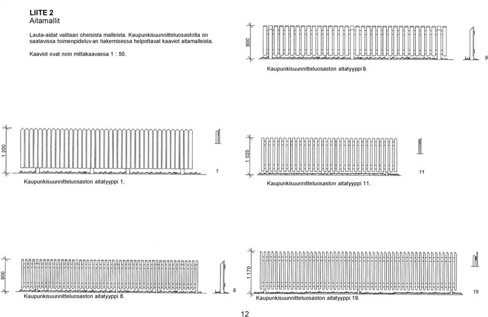 aitamalleista. Kaaviot ovat noin mittakaavassa 1 : 50. Kaupunkisuunnitteluosaston aitatyyppi 9.
