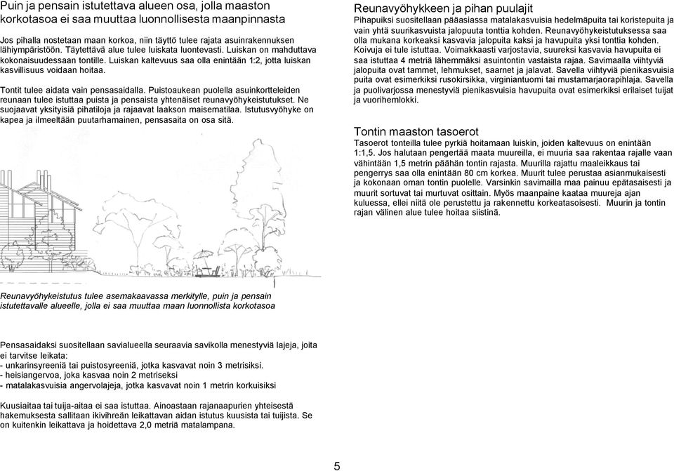 Tontit tulee aidata vain pensasaidalla. Puistoaukean puolella asuinkortteleiden reunaan tulee istuttaa puista ja pensaista yhtenäiset reunavyöhykeistutukset.