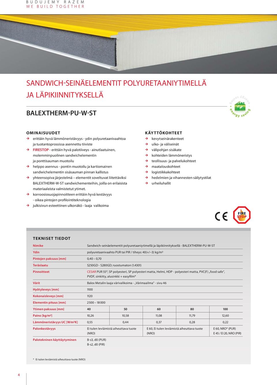 yhteensopiva järjestelmä elementit soveltuvat liitettäviksi BALEXTHERM-W-ST sandwichementeihin, joilla on erilaisista materiaaleista valmistetut ytimet.