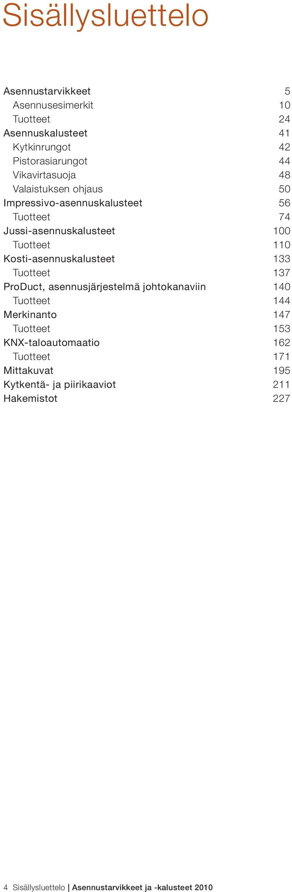 Kosti-asennuskalusteet 133 Tuotteet 137 ProDuct, asennusjärjestelmä johtokanaviin 140 Tuotteet 144 Merkinanto 147 Tuotteet 153