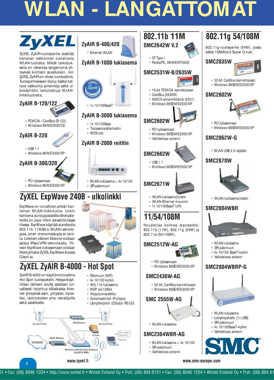 Tuoteperheeseen löytyy lisäksi kattava valikoima antenneja sekä ulkokäyttöön tarkoitettuja WLANlinkkituotteita. ZyAIR B-120/122 ZyAIR B-400/420 Ethernet-WLAN ZyAIR B-1000 tukiasema 1x 10/100BaseT 802.