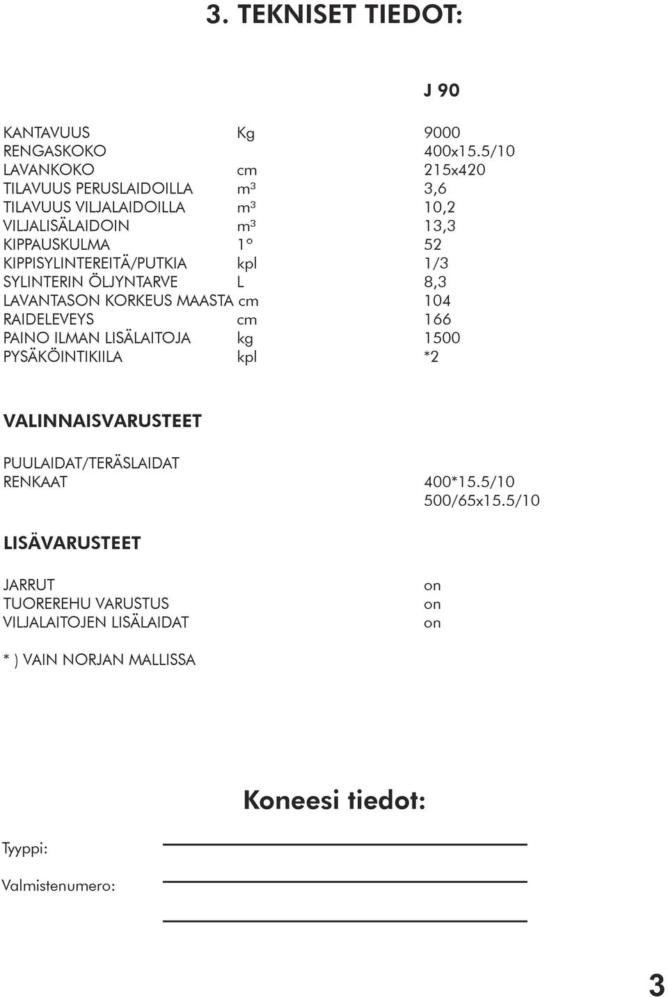 KIPPISYLINTEREITÄ/PUTKIA kpl 1/3 SYLINTERIN ÖLJYNTARVE L 8,3 LAVANTASON KORKEUS MAASTA cm 104 RAIDELEVEYS cm 166 PAINO ILMAN LISÄLAITOJA kg 1500