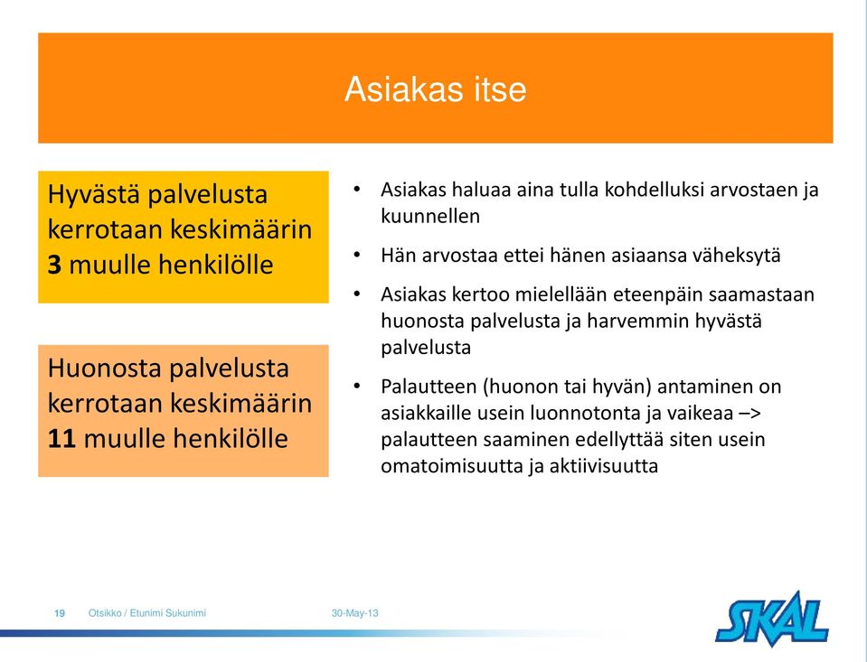 mielellään eteenpäin saamastaan huonosta palvelusta ja harvemmin hyvästä palvelusta Palautteen (huonon tai hyvän) antaminen on