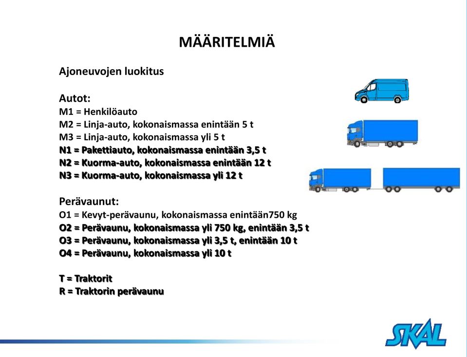 kokonaismassa yli 12 t Perävaunut: O1 = Kevyt-perävaunu, kokonaismassa enintään750 kg O2 = Perävaunu, kokonaismassa yli 750 kg,