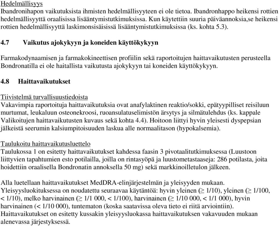 7 Vaikutus ajokykyyn ja koneiden käyttökykyyn Farmakodynaamisen ja farmakokineettisen profiilin sekä raportoitujen haittavaikutusten perusteella Bondronatilla ei ole haitallista vaikutusta ajokykyyn