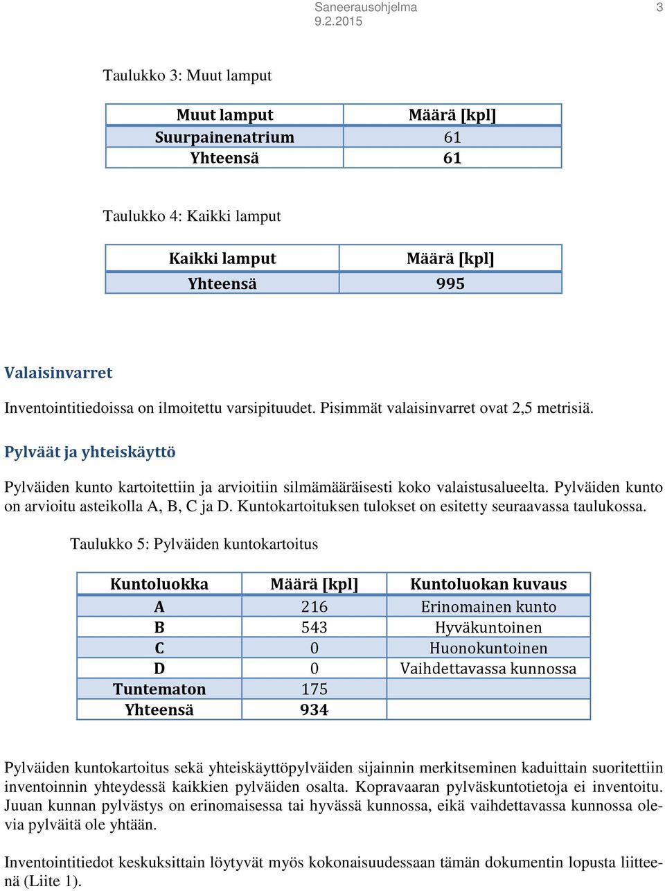 Pylväiden kunto on arvioitu asteikolla A, B, C ja D. Kuntokartoituksen tulokset on esitetty seuraavassa taulukossa.