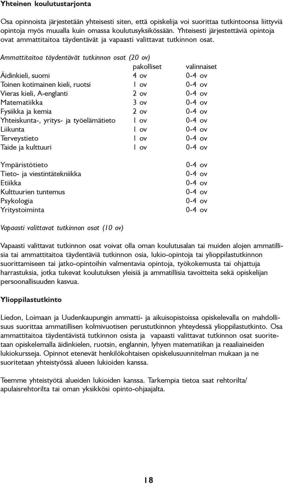 Ammattitaitoa täydentävät tutkinnon osat (20 ov) pakolliset valinnaiset Äidinkieli, suomi 4 ov 0-4 ov Toinen kotimainen kieli, ruotsi 1 ov 0-4 ov Vieras kieli, A-englanti 2 ov 0-4 ov Matematiikka 3